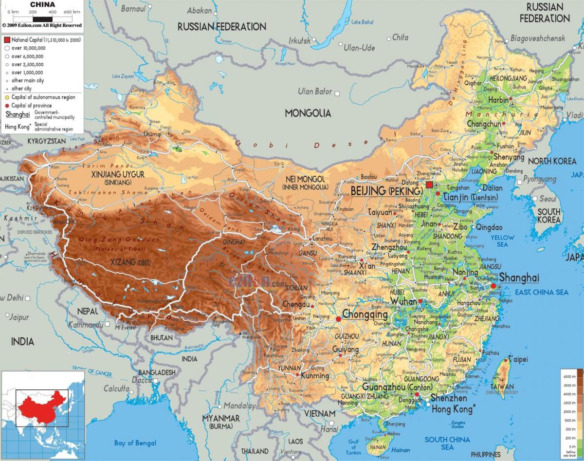 fizični zemljevid Kitajske