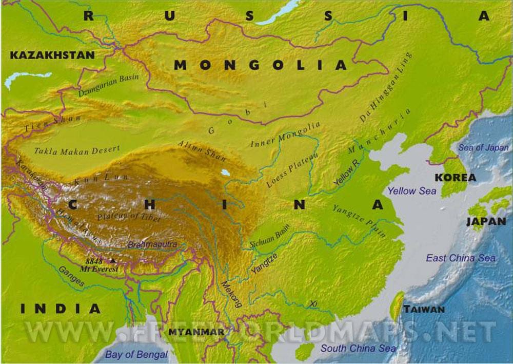 zemljevid Kitajske s geografske značilnosti