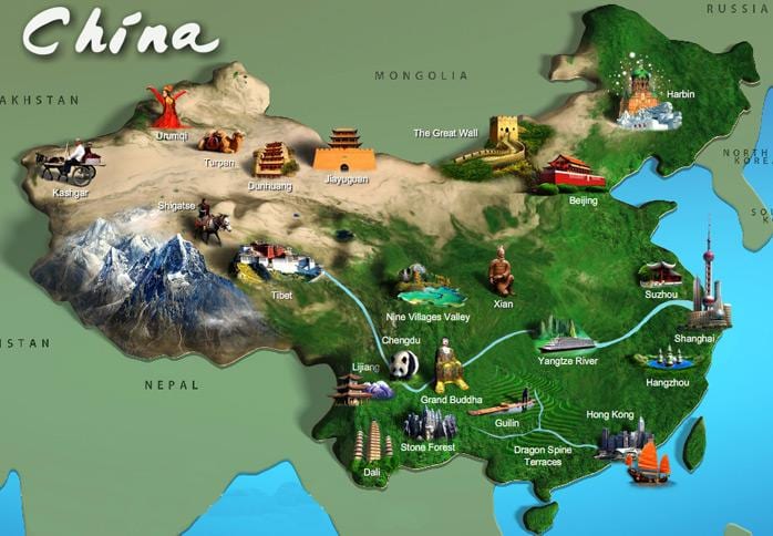 zemljevid Kitajske turistične znamenitosti